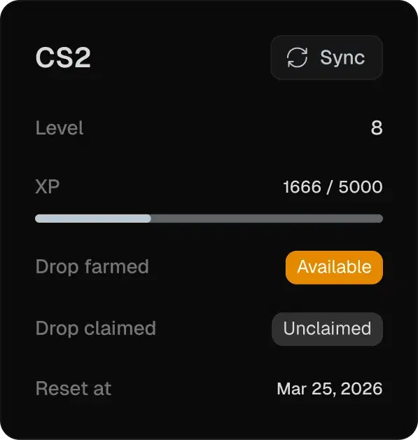 CS2 account profile with level, XP, and drop status