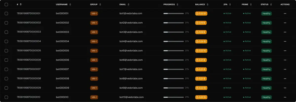 Accounts dashboard with status, balance, and progress