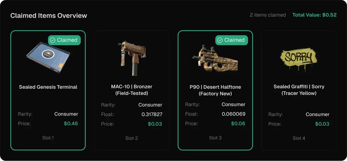 Claimed items overview showing 4 item cards with prices and rarity