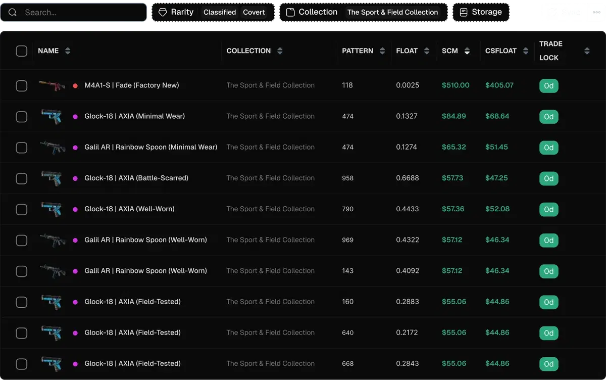 Inventory table with float values, patterns, and prices